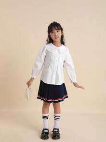 青少年女孩翻领长袖休闲衬衫，轻盈秋季 - 白色 - 查看 2