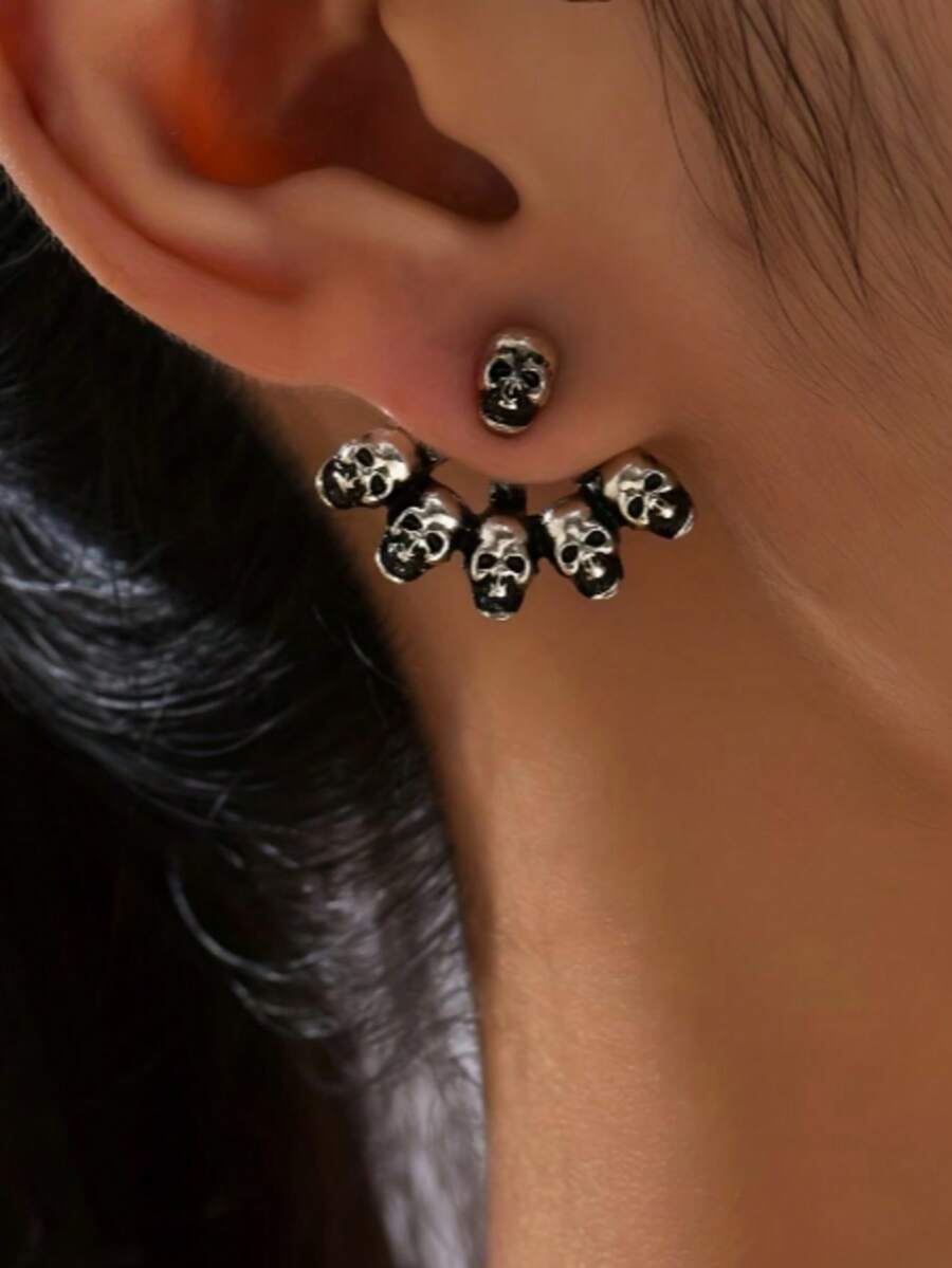 1 par de pendientes de botón de moda para mujer, diseño único de calavera gótica, minimalista, adecuado para uso diario y fiestas - Plateado - Ver 1