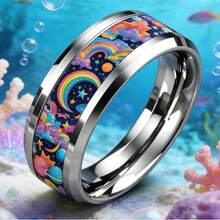 1 pieza Anillo de acero inoxidable de 8mm estilo iridiscente oceánico, collar con incrustación de ópalo de cielo estrellado con nubes arcoíris, diseño de tema oceánico, adecuado para compras diarias y regalo para mujeres - Multicolor - Ver 4