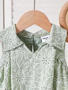 Baby Girl Summer Grass Green Floral Hollow Embroidery Sleeveless Collar Bud Set Pants - Green - View 4