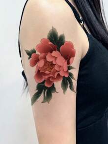 1pc New Chinese-Style Retro Pink Peony Pattern Temporary Tattoo Sticker, With Realistic Tattoo Design. Suitable For Travel, Music Festivals, Games, Graduation Gifts. Lasts For 3-5 Days. - Multicolor - View 5