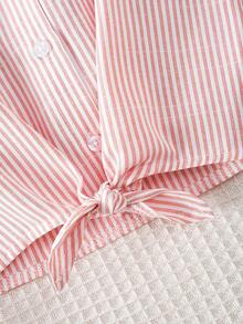 Tween Girl Casual Preppy Style Pink Cotton Striped Tie-Up Sleeveless Shirt, Suitable For Vacation, Gatherings, Group Activities - Pink - View 7