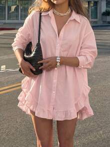 Blusa casual de primavera para mujer de unicolor con botones delanteros y volantes Primavera/Verano - Rosa Pálido - Ver 2