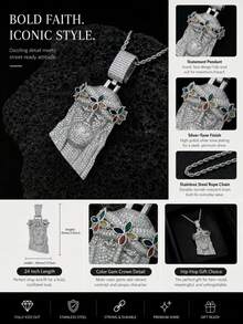 Bling Colorful Four-Leaf Clover Jesus Head Copper Zirconia Pendant Necklace, European And American Rapper Same Style Twisted Chain Necklace, Personalized Accessory For Men - Four-leaf Clover Jesus Pendant Necklace - View 3