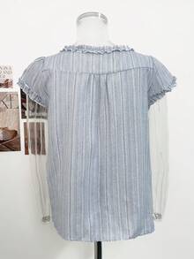 清爽系带女士夏季蓝色条纹宽松耳侧两件式短袖上衣 - 藍色 - 查看 8