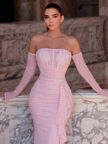 Faeriesty Pink Ruched Fitted Dress With Gloves, Elegant Side Ruffle Slit Trumpet Evening Gown Suitable For Party, Vacation, Formal Dinner, Beach Wedding Spring - Pink - View 3