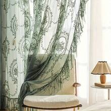 1pc French Luxury Vintage Princess Style Green Jacquard Lace Semi-Sheer Curtain, Rod Pocket Top, Living Room Bedroom Balcony Bay Window Apartment Home Decor Sheer Curtain - Green - View 7