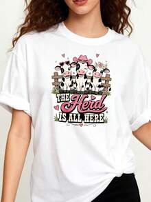 Talla - Camiseta de Cuello Redondo para Mujer, diseño de una linda familia de vacas con sombrero rosa y flores, texto Todo el Ganado Reunido, temática de animales de gr - Blanco - Ver 1