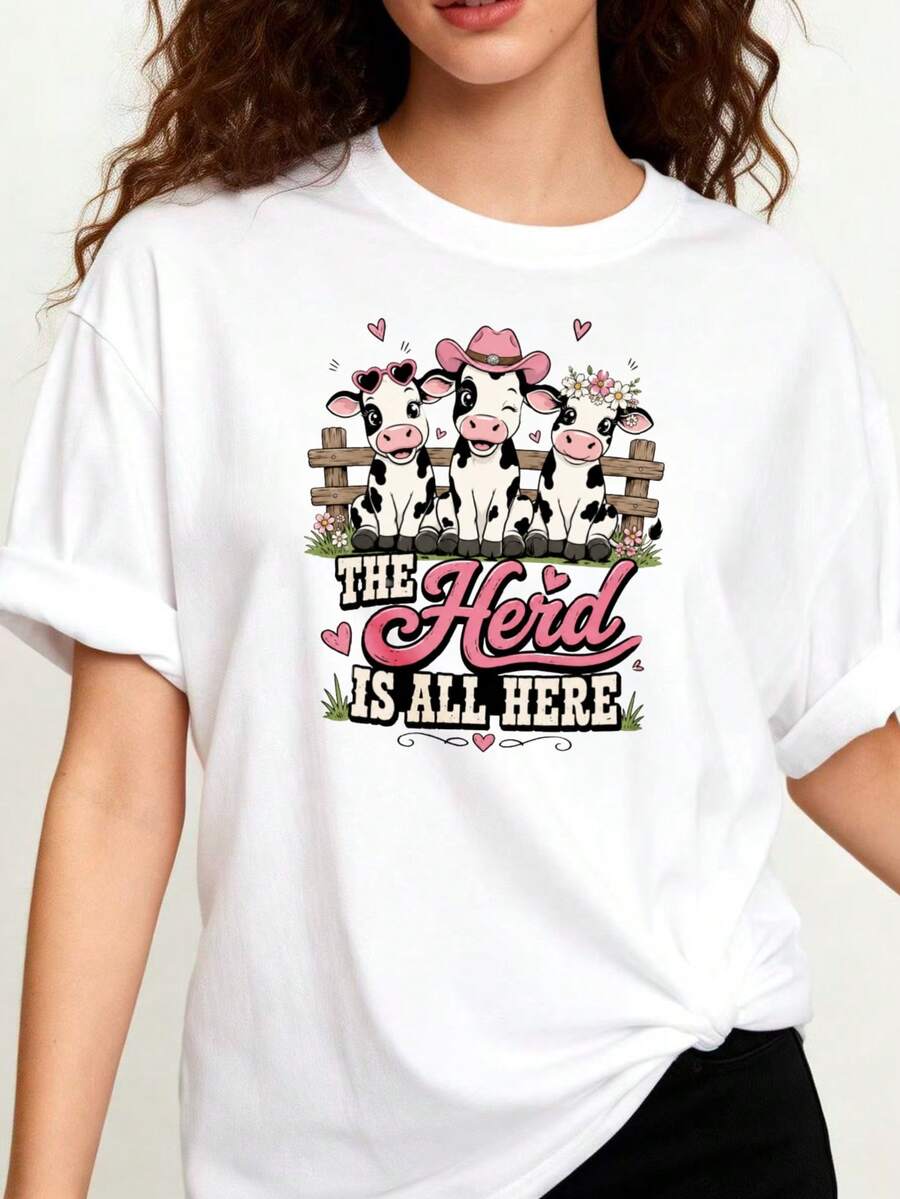 Talla - Camiseta de Cuello Redondo para Mujer, diseño de una linda familia de vacas con sombrero rosa y flores, texto Todo el Ganado Reunido, temática de animales de gr - Blanco - Ver 1