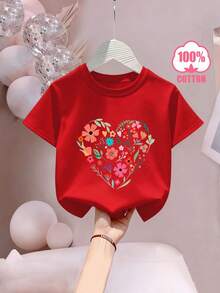 Camiseta de Manga Corta para Niñas con Estampado de Corazón, Flores y Letras, Fresca y Transpirable para Primavera/Verano, 100% Algodón, Ajuste Holgado y Casual en Tallas Pequeña - Rojo - Ver 1