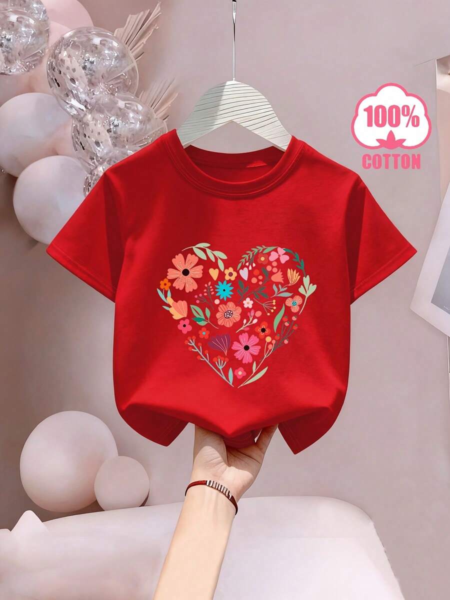 Camiseta de Manga Corta para Niñas con Estampado de Corazón, Flores y Letras, Fresca y Transpirable para Primavera/Verano, 100% Algodón, Ajuste Holgado y Casual en Tallas Pequeña - Rojo - Ver 1