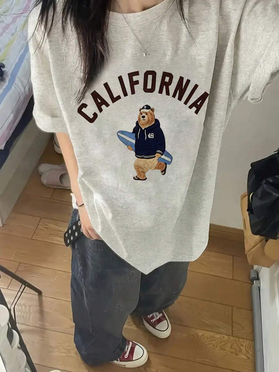 Women's Fashion Summer Round Neck Casual Versatile Letter & Cartoon Bear Print Short Sleeve T-Shirt - Light Gray - View 1