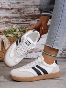 Sodalemon Women's Vintage Colorblock Sneakers, Casual Lace-Up Running Shoes, Comfortable Thick Sole Training Shoes - White - View 1
