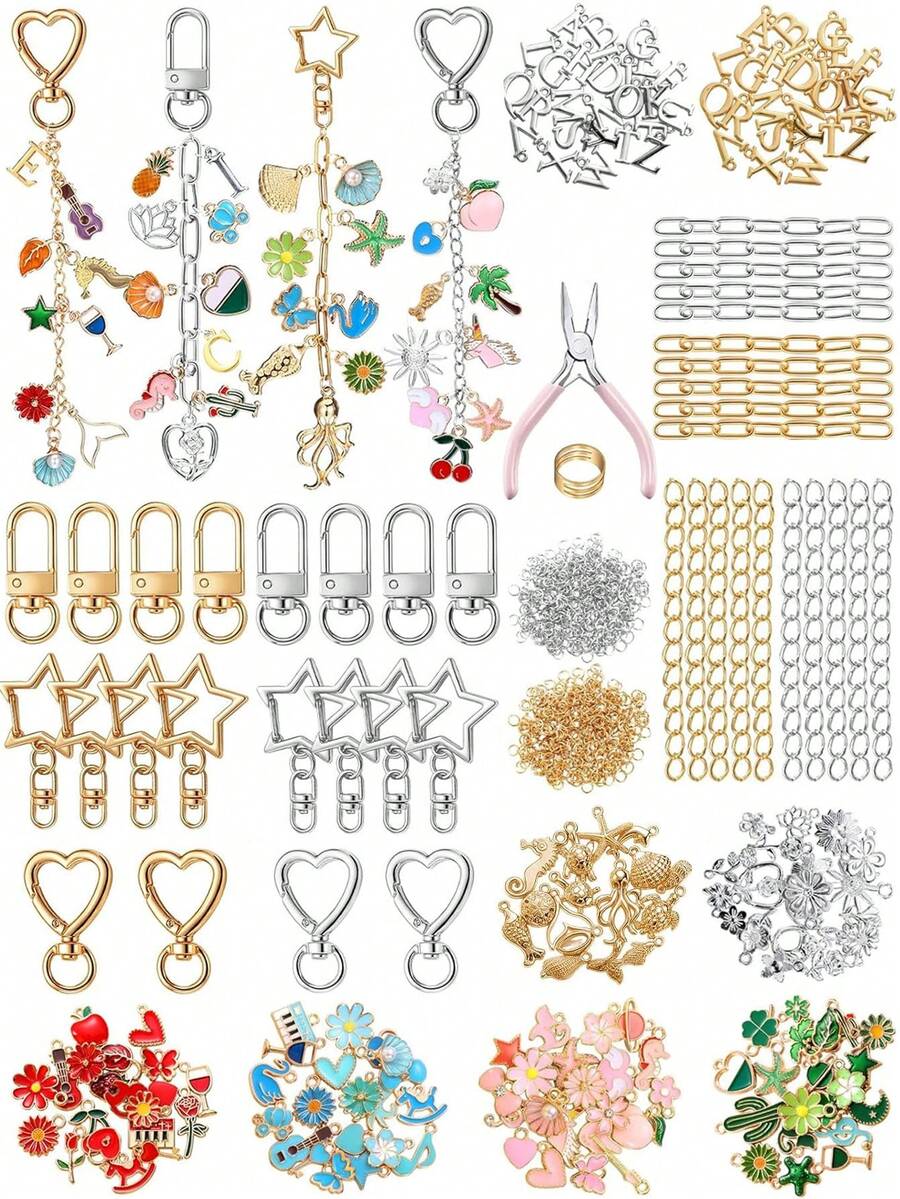 DIY Keychain Accessory Set, Including 116-408 Pieces, Mixed Alloy Pendant With Letters, Ocean And Flowers, 360° Rotating Keychain Extension Chain - Keychain Kit - View 1
