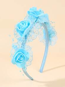 1pc Blue Lace Headband For Girls Flower Hairband Faux Pearl Hair Hoop Elegant Headwear Wedding Party Vacation Gift Headdress Teens Hair Accessories - Blue - View 3