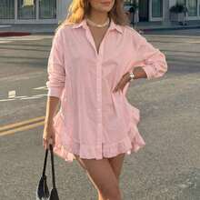 Blusa casual de primavera para mujer de unicolor con botones delanteros y volantes Primavera/Verano - Rosa Pálido - Ver 3