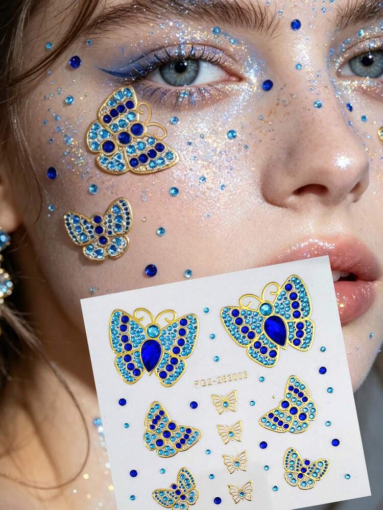 1pc Blue & Gold Gradient Butterfly Face Rhinestone Sticker, Blue Gradient Rhinestones With Gold Foil Trim, Cool Tone Premium Waterproof Long-Lasting Brow & Forehead Gem, Exotic Vintage Style, Cool & Sweet Makeup Accent - Multicolor - View 12
