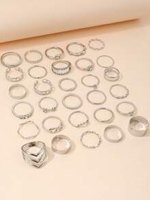 30PCS Ins Cold Style Chain Rhinestone Rings, Multi-Layer Thin Band Rhinestone Geometric Chain Versatile Hand Jewelry Ring Set For Women - Silver - View 4