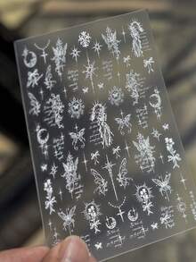 1片裝 3D哥德式蝴蝶十字架美甲貼紙，復古玫瑰與鳶尾花束、天使女孩、月亮與十字架自黏美甲貼花 - 白色 - 查看 4