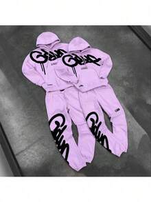 GEEDUP Printed Digital Sweater Set Fashion Street Loose Hoodie Casual Sportswear Men's And Women's Jacket Set - 粉色 - 查看 4