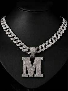 Rhinestone Large Letter M Pendant Cuban Chain, Men's Hip Hop Shiny Diamond Necklace Jewelry - M Pendant Necklace - View 12