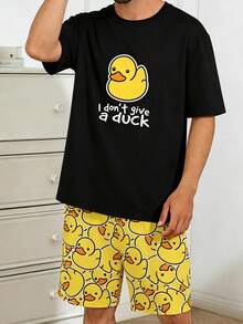 Summer Men's Thin Pajama Set, Round Neck Little Yellow Duck Print Short Sleeve & Long Pants 2 Pieces Casual Comfortable Loungewear Set - Black - View 5