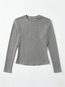 Women's Dark Gray Round Neck Slim Fit Short Long Sleeve T-Shirt, Spring/Autumn Solid Color All-Match Elastic Undershirt, Casual Versatile Top - Dark Grey - View 3