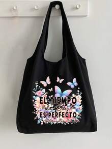 印花帆布肩背包 + 黑色小包，印有蝴蝶、花卉圖案和「El Tiemeo De Dioses Perbedo」字母，便攜休閒收納托特包，旅行便利收納包，大容量旅行化妝包，手提包，旅行包，多功能購物包，適合購物、婚禮、生日、海灘、假期、開學、聖誕節、感恩節、新年禮物 - 彩色 - 查看 14