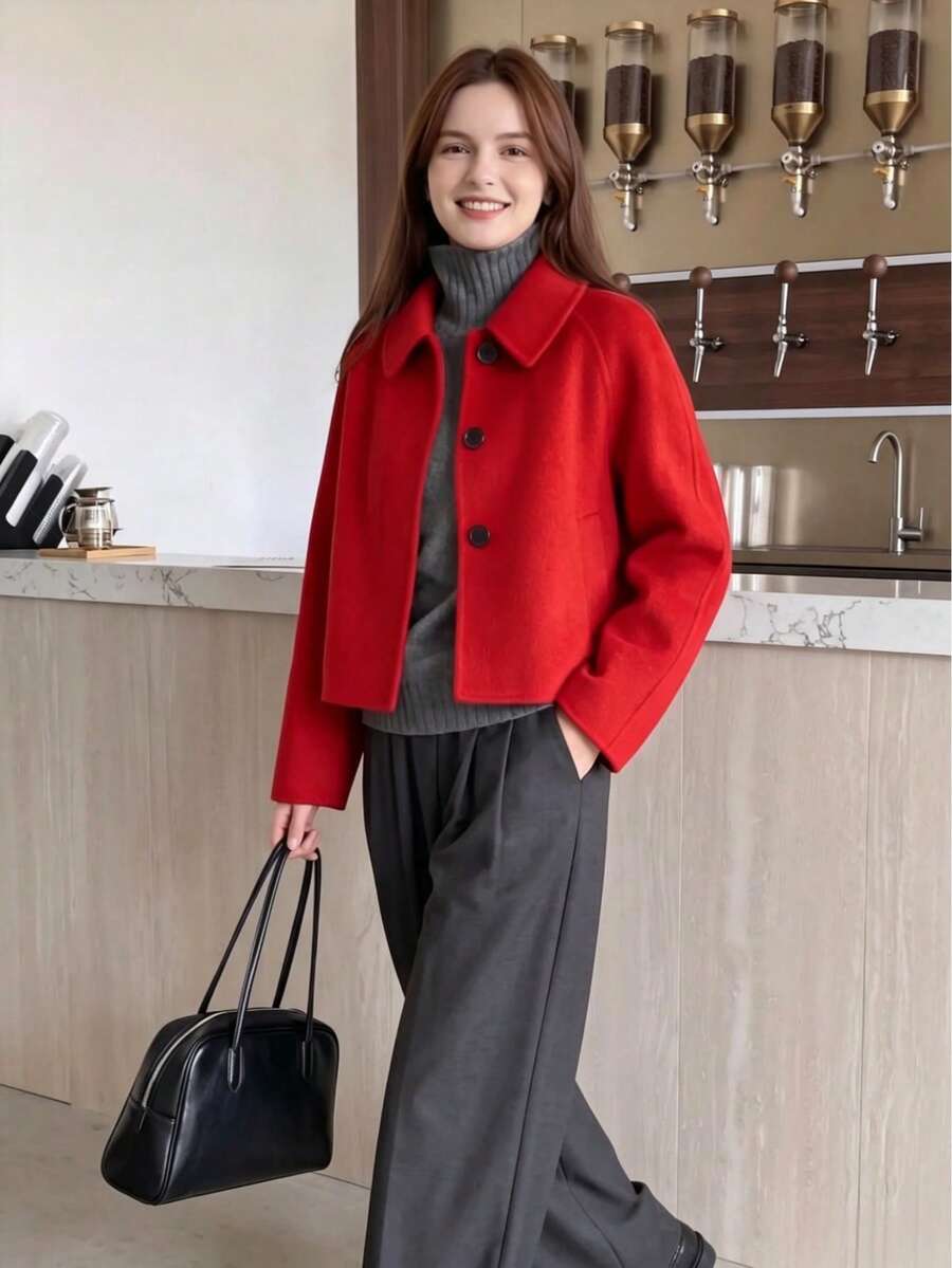 歐美風百搭短版女款外套西裝夾克,修身羊毛開襟針織上衣,適合秋冬穿搭 - 紅色 - 查看 1