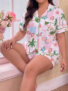 2pcs/Set Women's Pajama Set, Grid Floral & Coconut Tree Print, Women's Loungewear, Spring/Summer Holiday Outfit, Short Sleeve Lapel Top And Shorts, Can Be Worn Out - Multicolor - View 9