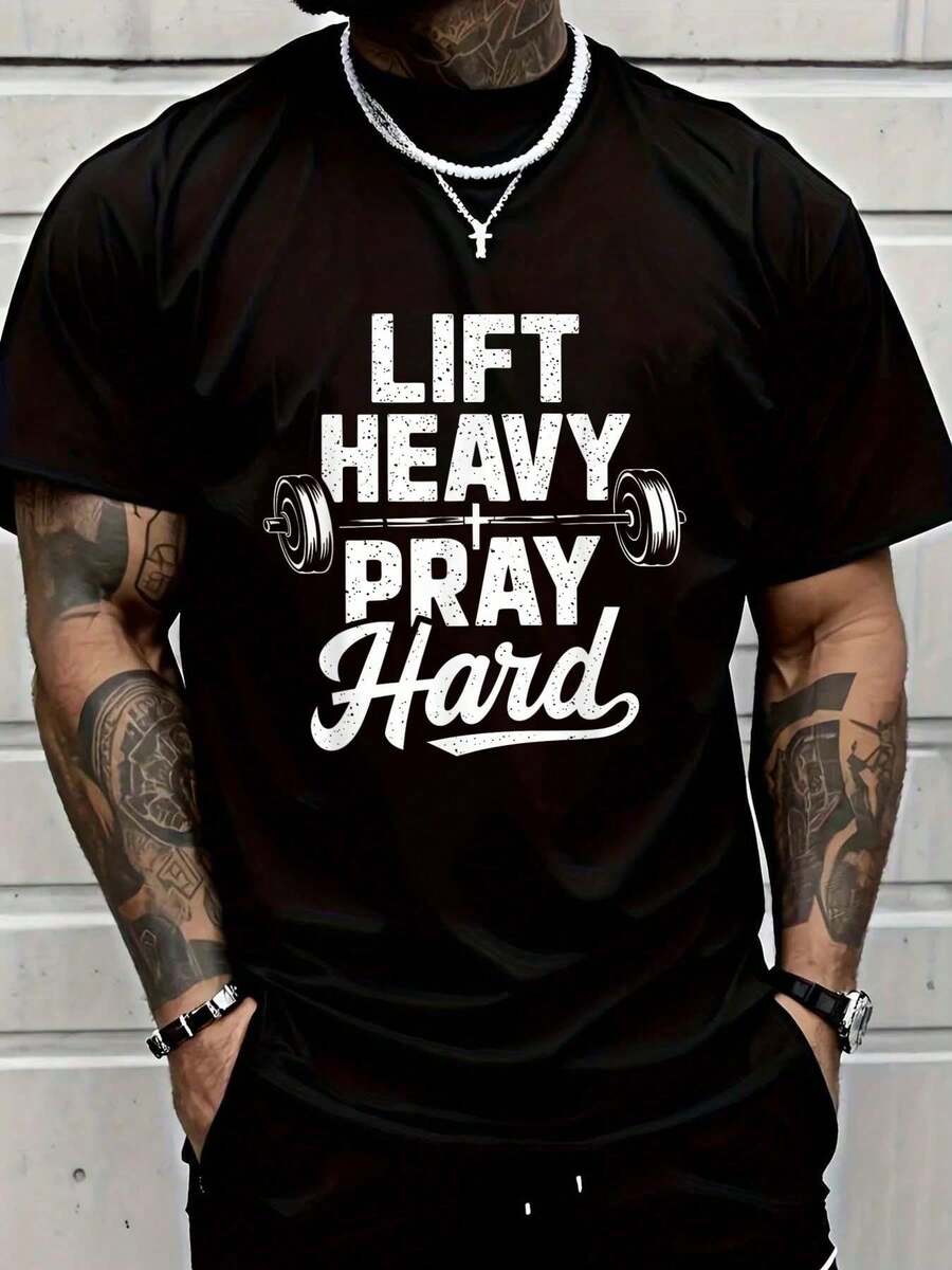100% Cotton T-Shirt For Weightlifting, Gym, Christian Faith, For Men And Women, Fashion Print T-Shirt, Graphic T-Shirt For Men And Women - 玫紅色 - 查看 1