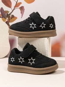 Children's Retro Style Sneakers Star Embroidery + Hook And Loop Design Easy To Put On And Take Off - Black - View 2