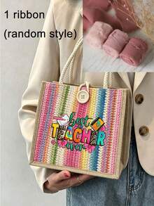 "Best Teacher" Floral Letter Print Linen Tote Bag, Reusable Printed Shopping Bag, Suitable For Commuting And Back To School - Multicolor - View 9
