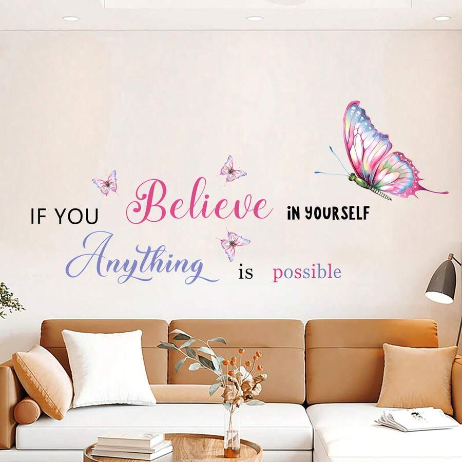 1 pieza Pegatina de pared con refrán en inglés, mariposa, flor y hierba, adecuada para decoración de pared de dormitorio, sala de estar y estudio, material de PVC autoadhesivo, tamaño 23.6 pulgadas*11.8 pulgadas - 1PC - Ver 1