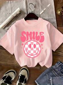 Face Short Sleeve T-Shirt - Casual Round Neck Blouse For Summer Outdoor Games, No Numbers, Hand Wash - Comfortable For Summer - 粉色 - 查看 1