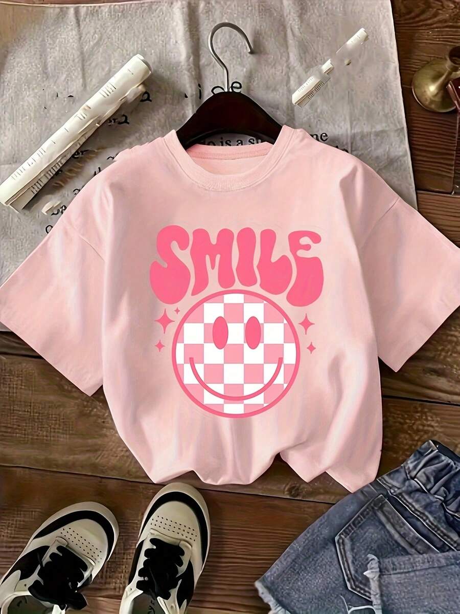 Face Short Sleeve T-Shirt - Casual Round Neck Blouse For Summer Outdoor Games, No Numbers, Hand Wash - Comfortable For Summer - 粉色 - 查看 1