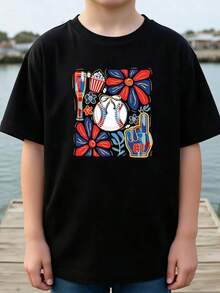 Camiseta con estampado gráfico de fanático del béisbol para niños, camiseta divertida para jóvenes, top casual de algodón ultrasuave, perfecta para el día del juego, niños de 8 a 10 años. - Negro - Ver 1