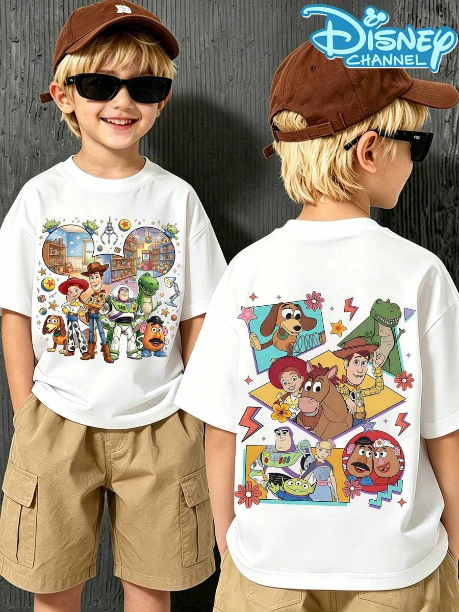 The Boys' Casual And Fashionable Short-Sleeved T-Shirts Feature The Character Buzz Lightyear From Disney's "Toy Story" And Are Suitable For Daily Wear - 白色 - 查看 1