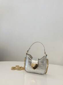 1pc Casual Girl PU Leather Shoulder Handbag, Mini Solid Color Heart Crocodile Embossed Material Shoulder Bag - A - View 6
