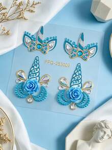 1pc Blue Unicorn Flower Face Rhinestone Sticker, Teardrop Colorful Rhinestone + Flower Style, Waterproof Long-Lasting Brow Center Sticker, Music Festival Party / Sweet Cool Hot Girl Makeup Accent - Multicolor - View 5