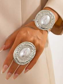 1 Set/2pcs Gorgeous Fashionable Exaggerated Design Metal Oval Inlaid Faux Pearl Geometric Open Adjustable Bracelet + Ring Women's Jewelry Set - Geometric Bracelet and Ring Set - View 8