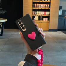 Cute 3D Heart Black Phone Case With Rabbit Shaped Bead Chain, Compatible With Samsung Galaxy Z Fold 8 Ultra Z Fold7 ZFold 5 Zfold6, Shockproof Back Cover - Black - View 3