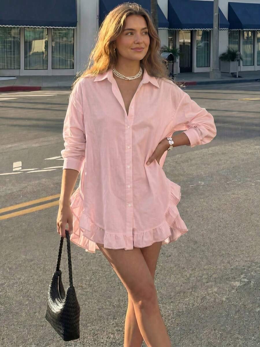 Blusa casual de primavera para mujer de unicolor con botones delanteros y volantes Primavera/Verano - Rosa Pálido - Ver 1