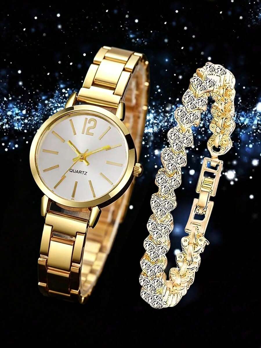 2件組女款奢華金色飾品套組,溫婉精緻具高級感,包含女款手錶、金色飾品套組、時尚手鍊飾品,新穎百搭且經典,適合畢業禮物、女友禮物,或日常通勤與約會穿搭,展現優雅青春與成熟魅力,提升穿搭質感的女性必備飾品 - 金色 - 查看 1