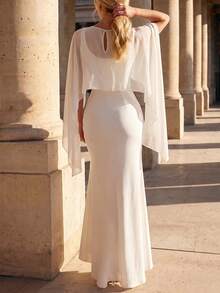 Perirose Elegant Women's Long Dress, Cape Sleeve Square Neck Solid Color Flowy Chiffon - White - View 7