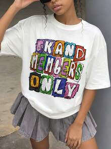 Teen Girl Clothes,Y2K-Inspired Letter Print T-Shirt - Casual Crew Neck, Stretchy Knit Fabric, Machine Washable - Perfect For Spring/Summer/Fall - 白色 - 查看 1