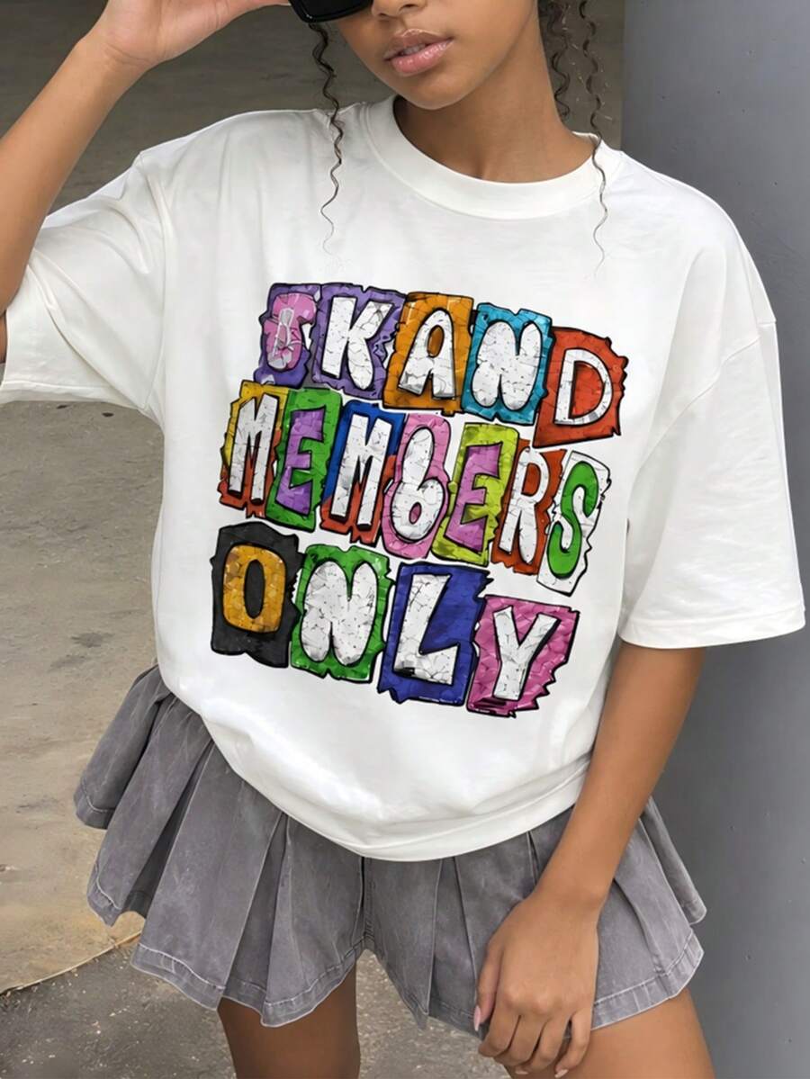 Teen Girl Clothes,Y2K-Inspired Letter Print T-Shirt - Casual Crew Neck, Stretchy Knit Fabric, Machine Washable - Perfect For Spring/Summer/Fall - 白色 - 查看 1