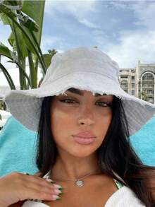 1pc Women's Drawstring Trim Bucket Hat, Adjustable Chin Strap Design, Distressed Finish, Soft Fabric, Sun Protection, Windproof, Fashionable - A - View 7