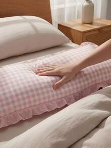 1 Stück süßer rosa Rüschen minimalistischer karierter plissierter langer Bolsterbezug - Weicher Polyesterstoff, dekorativer Lendenkissenbezug für Schlafzimmer und Sofa, Frühlingsdekoration, geeignet für alle Jahreszeiten - Pink - Übersicht 4