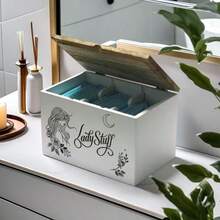 1 Peça Caixa de Armazenamento de Madeira com 2 Compartimentos Separados para Produtos Sanitários Femininos e Lenços | Organizador de Quarto ou Banheiro com 2 Divisórias, Suporte Discreto para Absorventes, Opções em Preto e Branco, Design de Lua e Estrela, Pote Multiuso - Visão 5